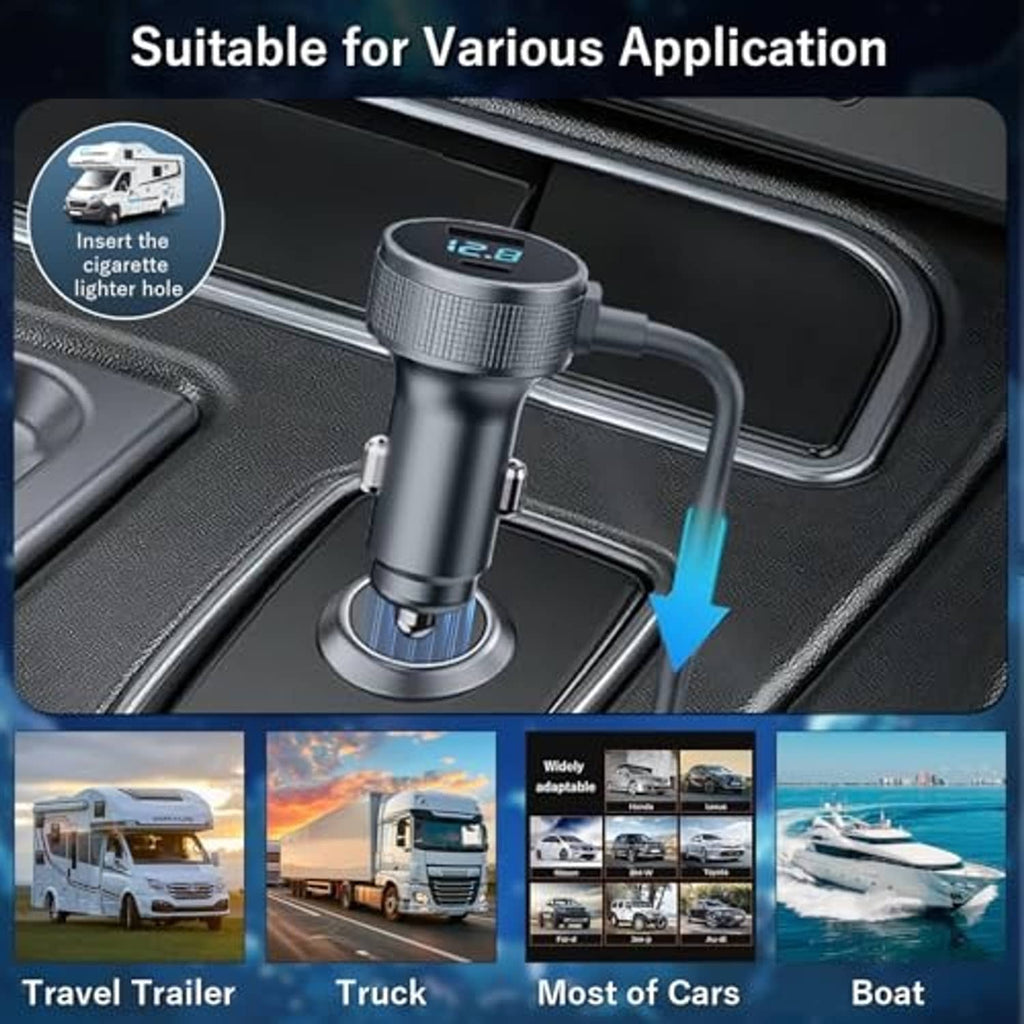 Car cigarette lighter power adapter with voltage display and long DC cable for dashboard use