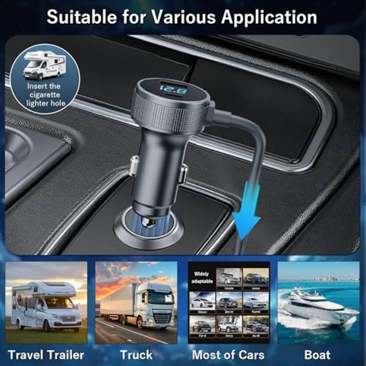 Car cigarette lighter power adapter with voltage display and long DC cable for dashboard use