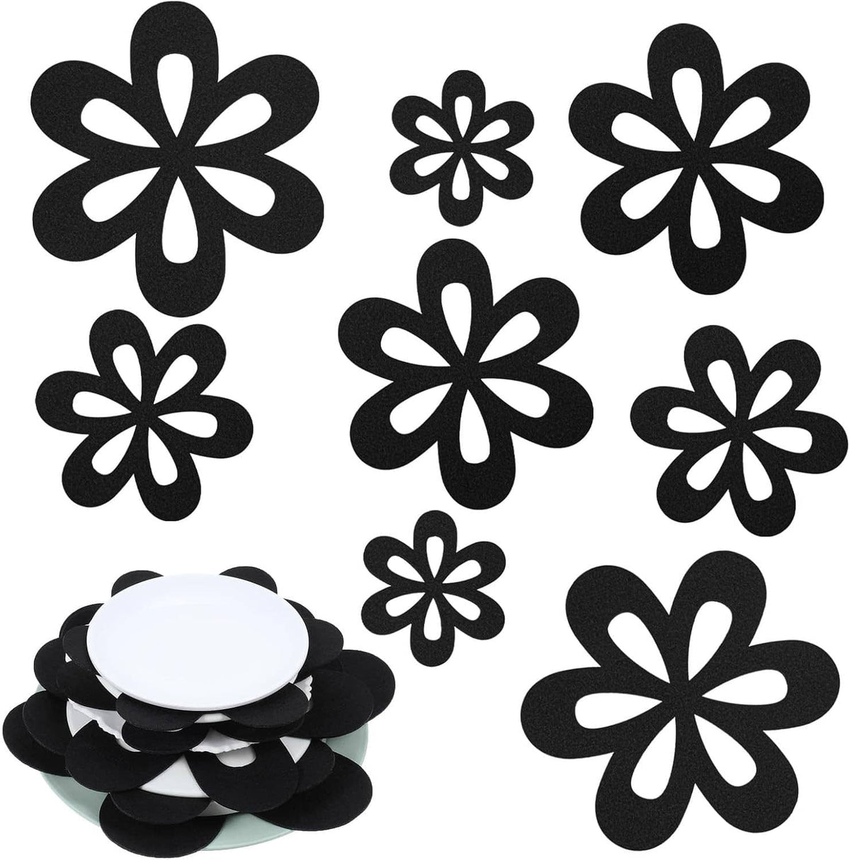 White center circle on layered black flower felt liners, pot separators set