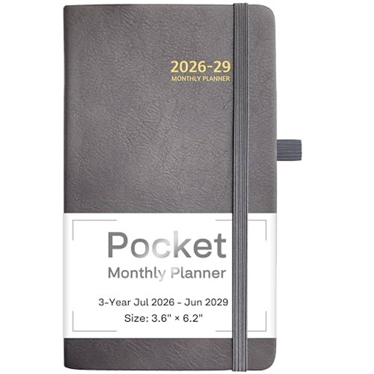 Gray pocket monthly planner with 2026-29 cover, elastic strap, and label panel