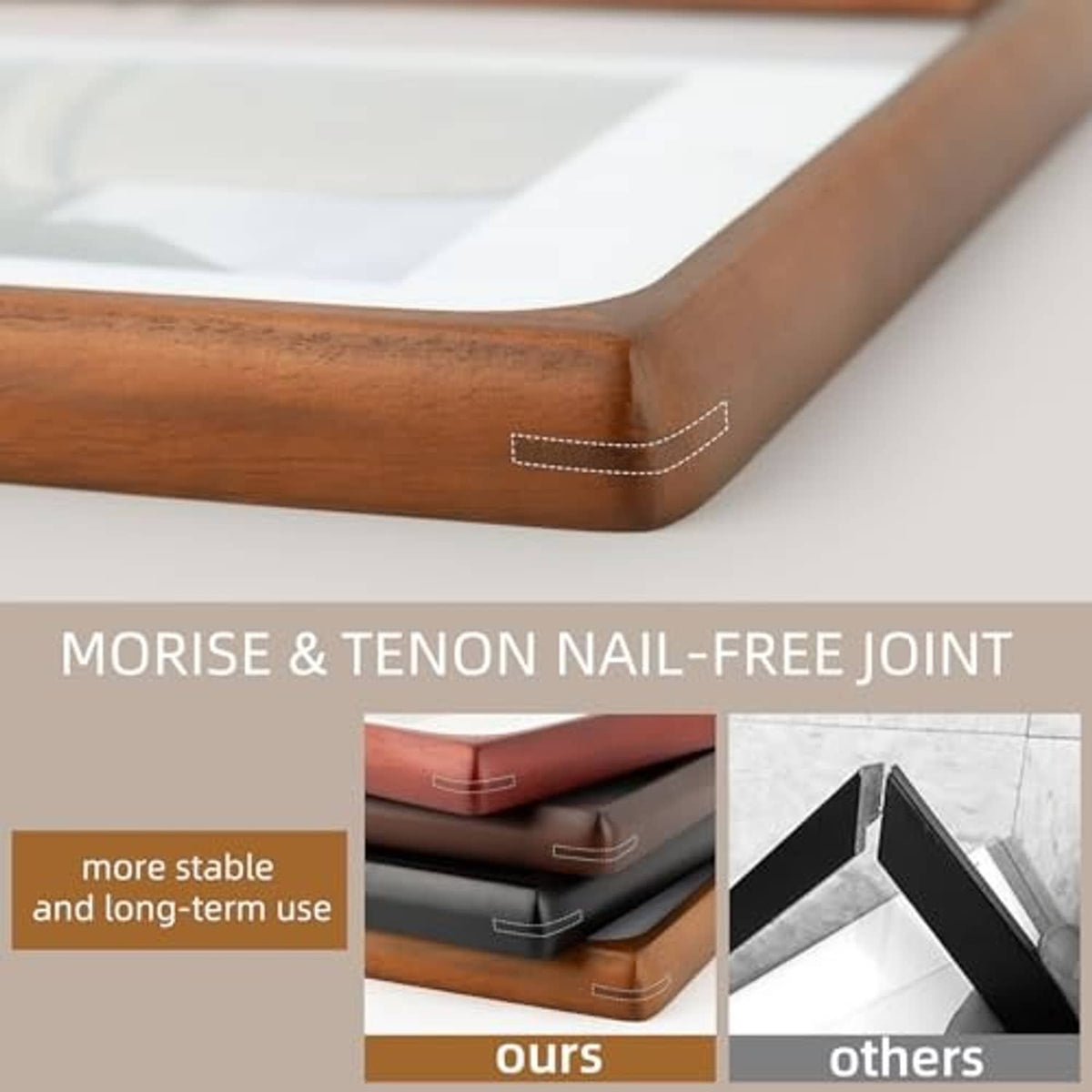 Close-up of brown solid wood picture frame corner with glass edge and rounded joint