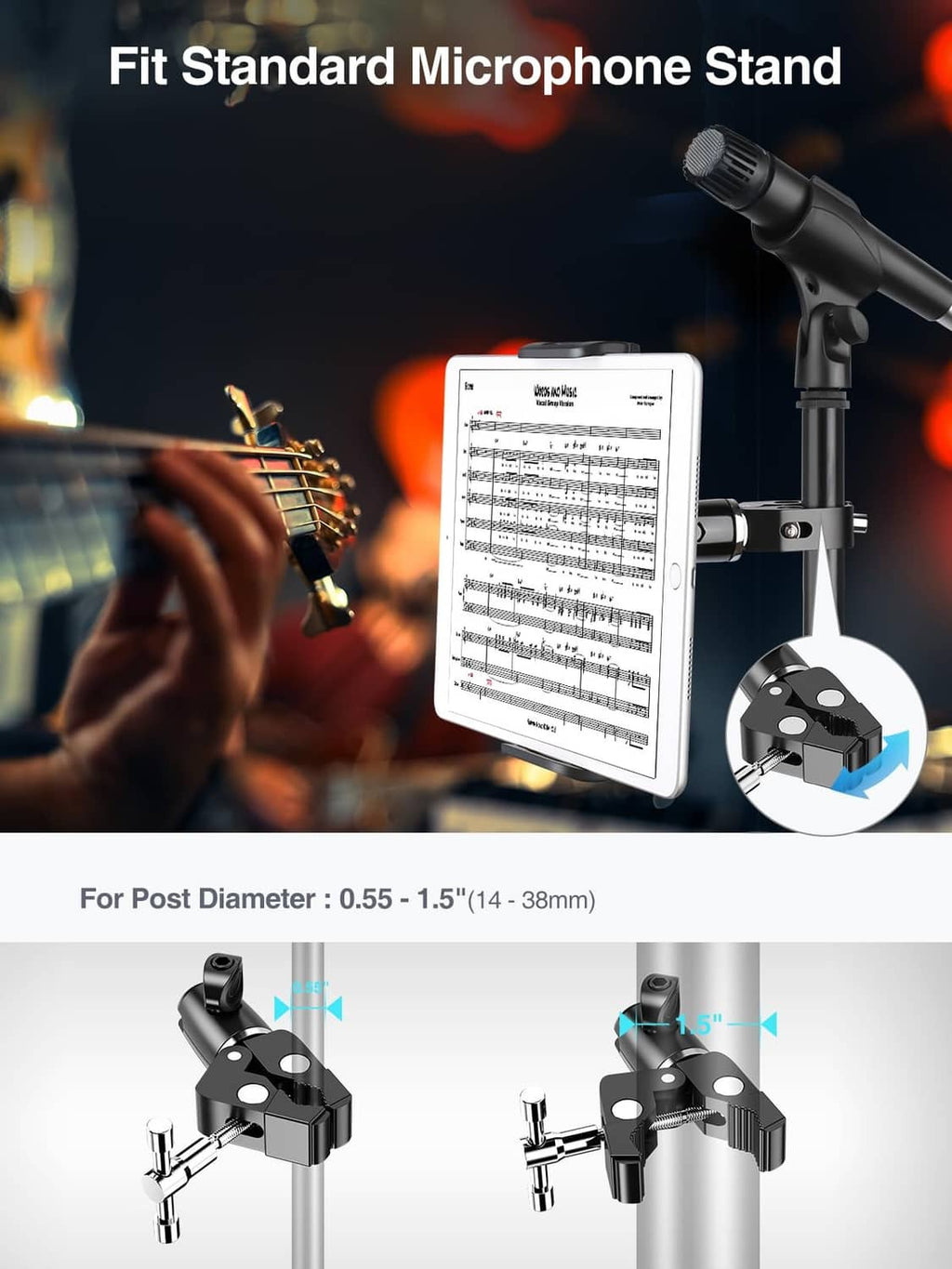 Metal tablet holder mounted on mic stand holding a music sheet tablet