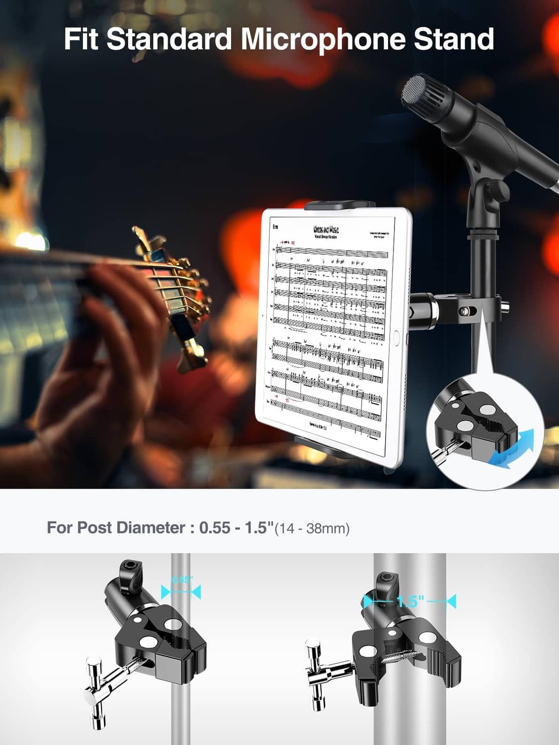 Metal tablet holder mounted on mic stand holding a music sheet tablet