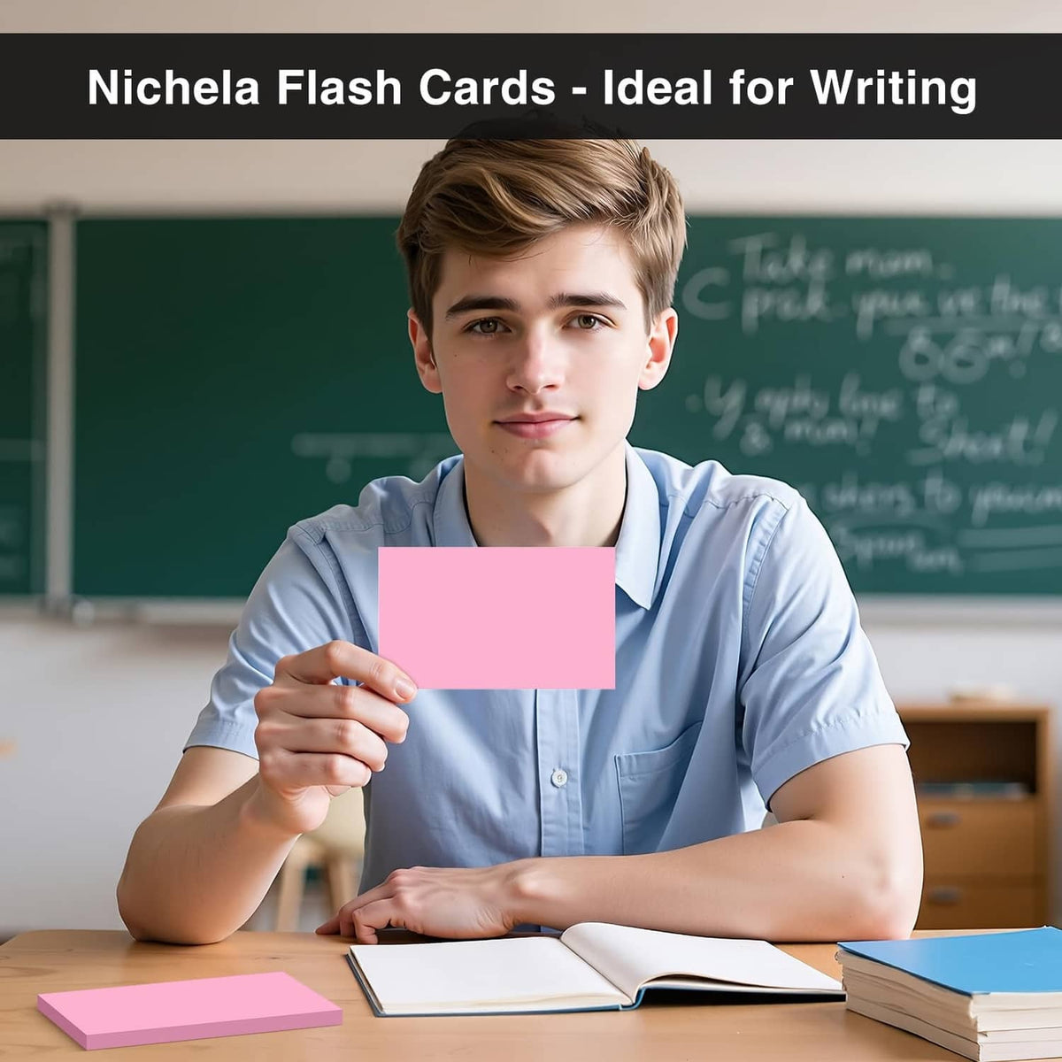 Pink blank flash card held up in classroom