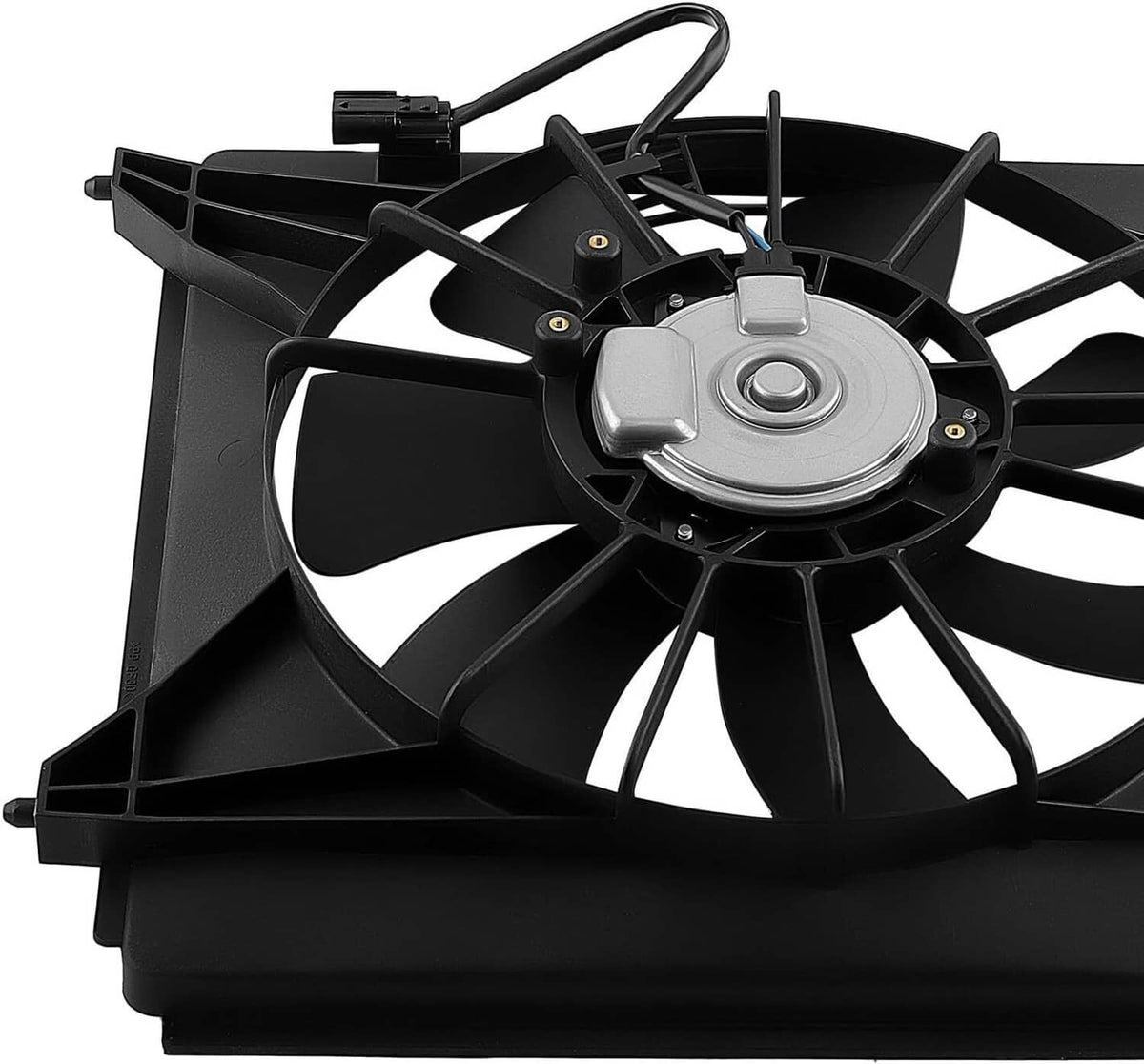 Black A/C condenser cooling fan assembly with motor mount and wiring connector