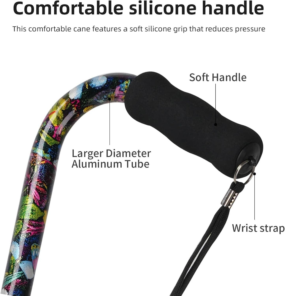 Floral quad cane handle with soft black silicone grip and wrist strap