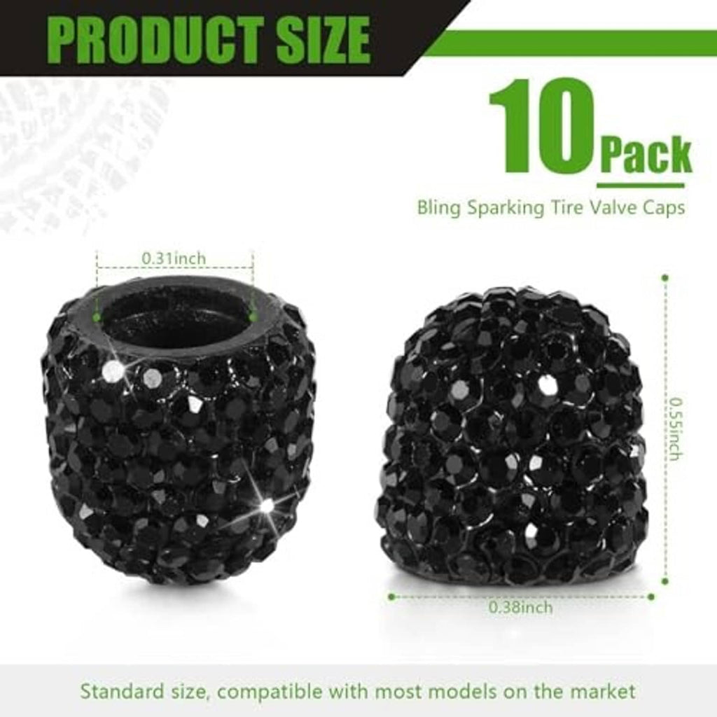 Black rhinestone tire valve stem caps, round crystal design with size reference