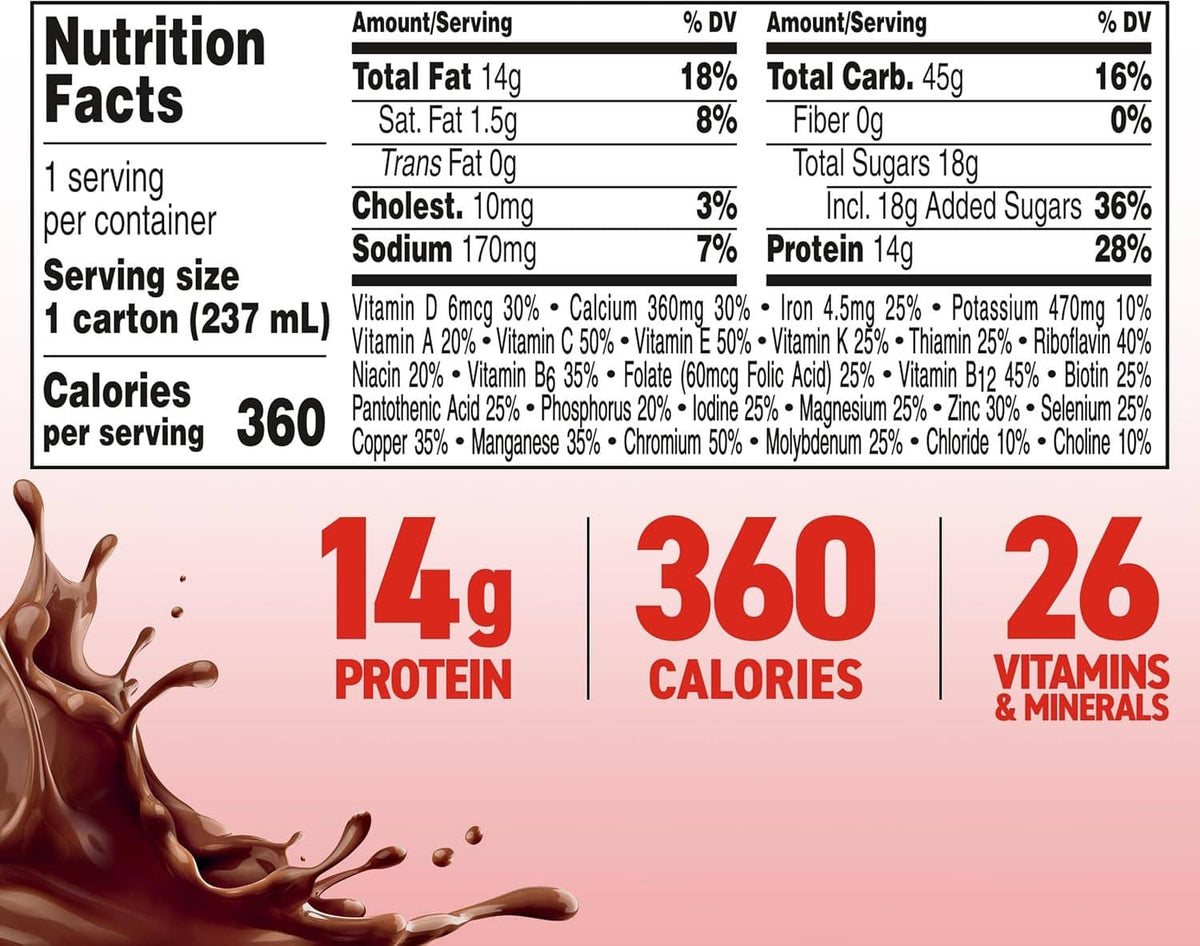 Nutrition facts panel with serving size 1 carton (237 mL) and key nutrition amounts.