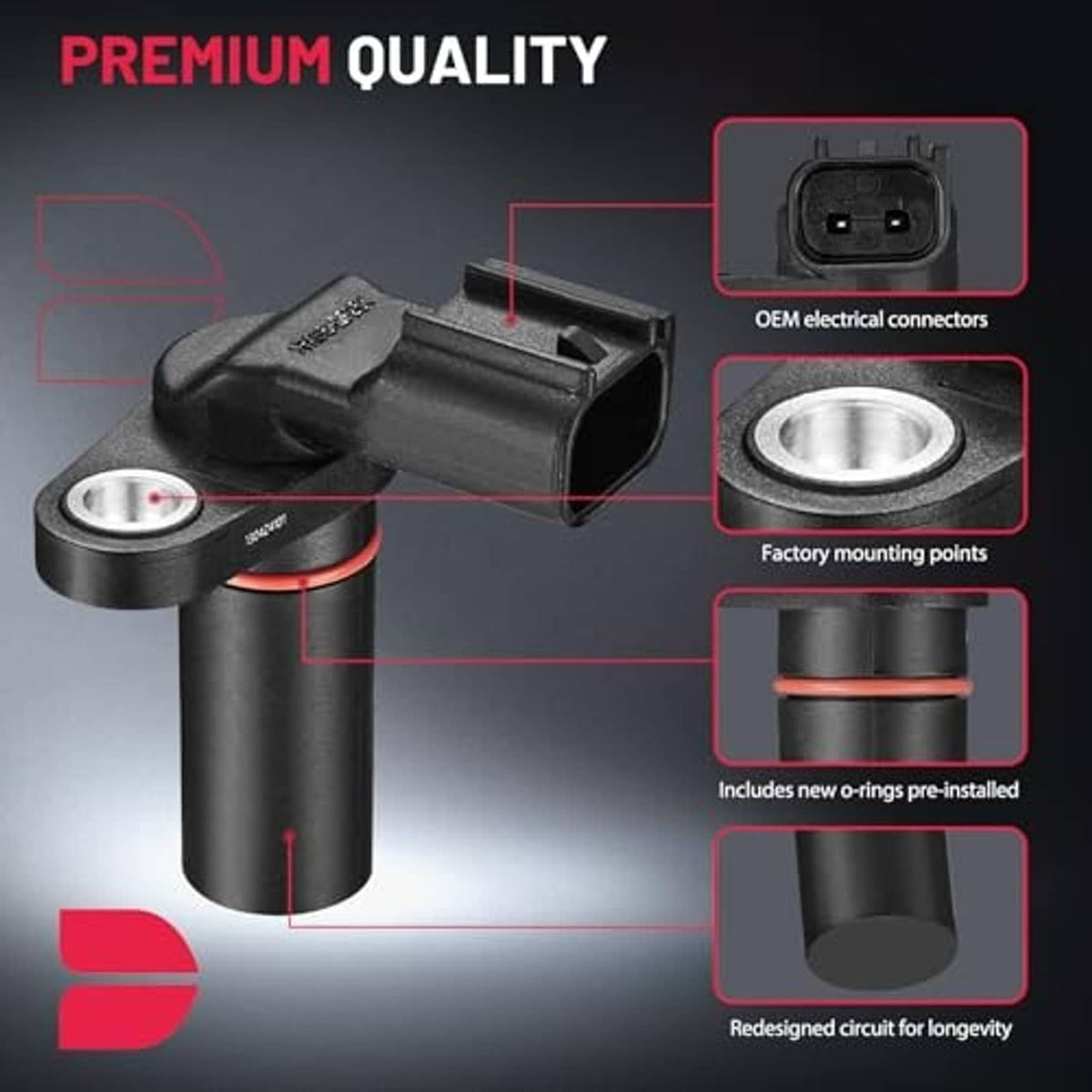 Black camshaft position sensor with OEM-style electrical connector and metal base