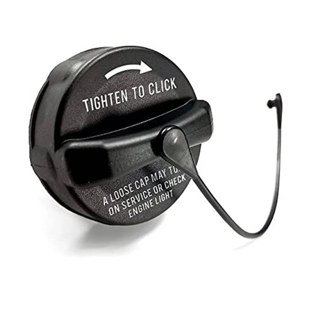 Black fuel cap with tether cord and latch button, tightens to click