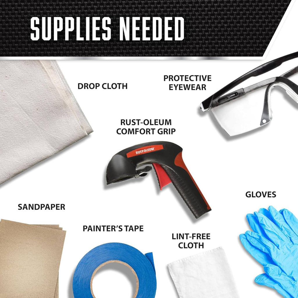 Matte black spray paint applicator with gloves, painter's tape, and drop cloth