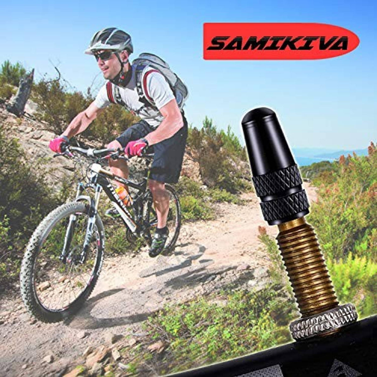 Bike Presta valve cap fitted on brass valve stem, black textured end