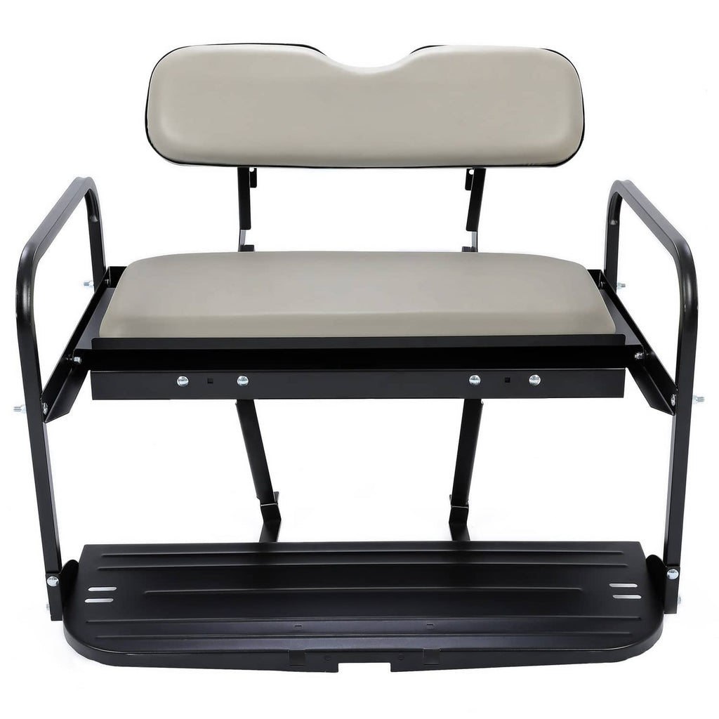 Gray rear flip golf cart seat kit with black frame and backrest cushion