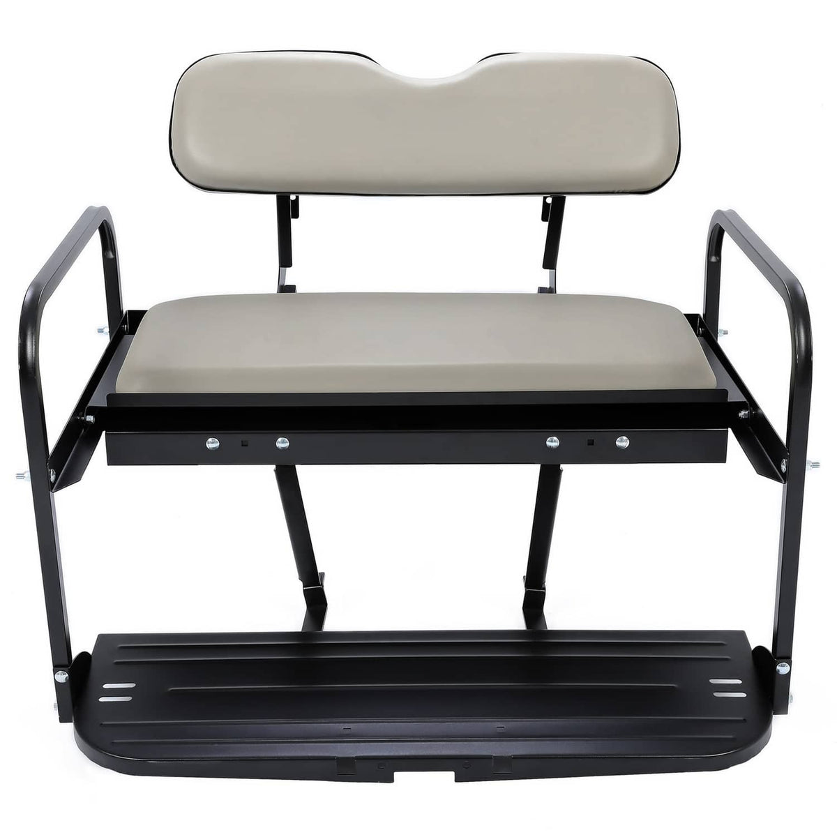 Gray rear flip golf cart seat kit with black frame and backrest cushion