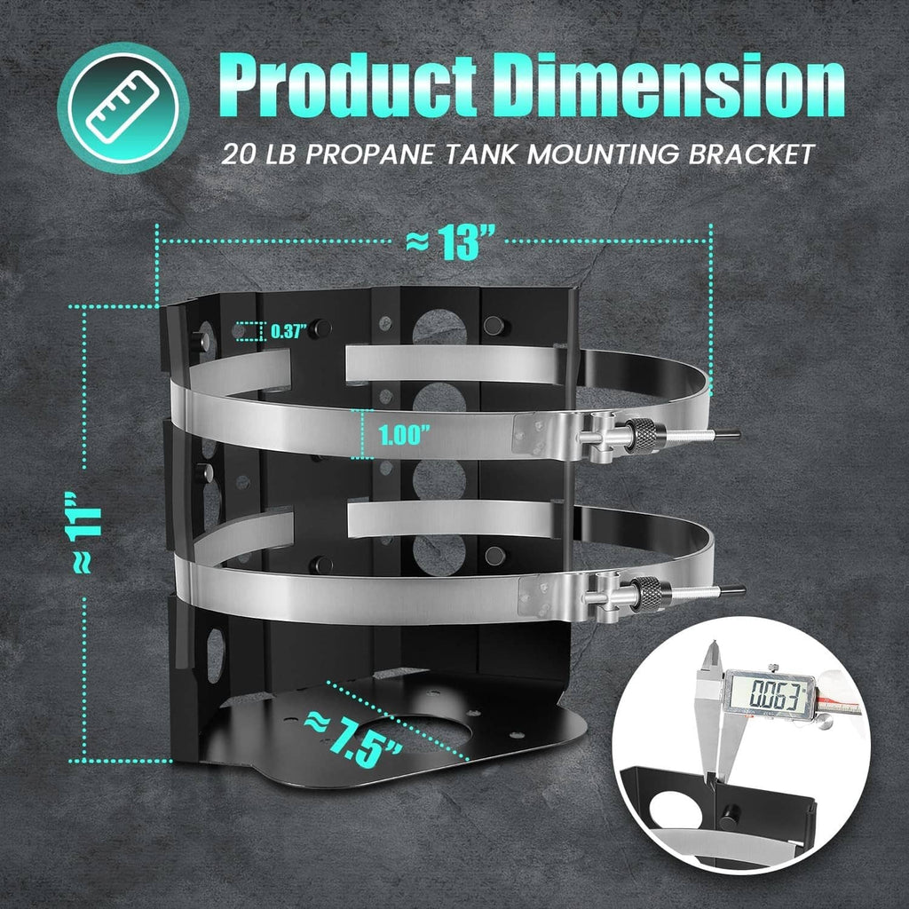 20 lb propane tank mounting bracket with adjustable clamp rings and base platform.