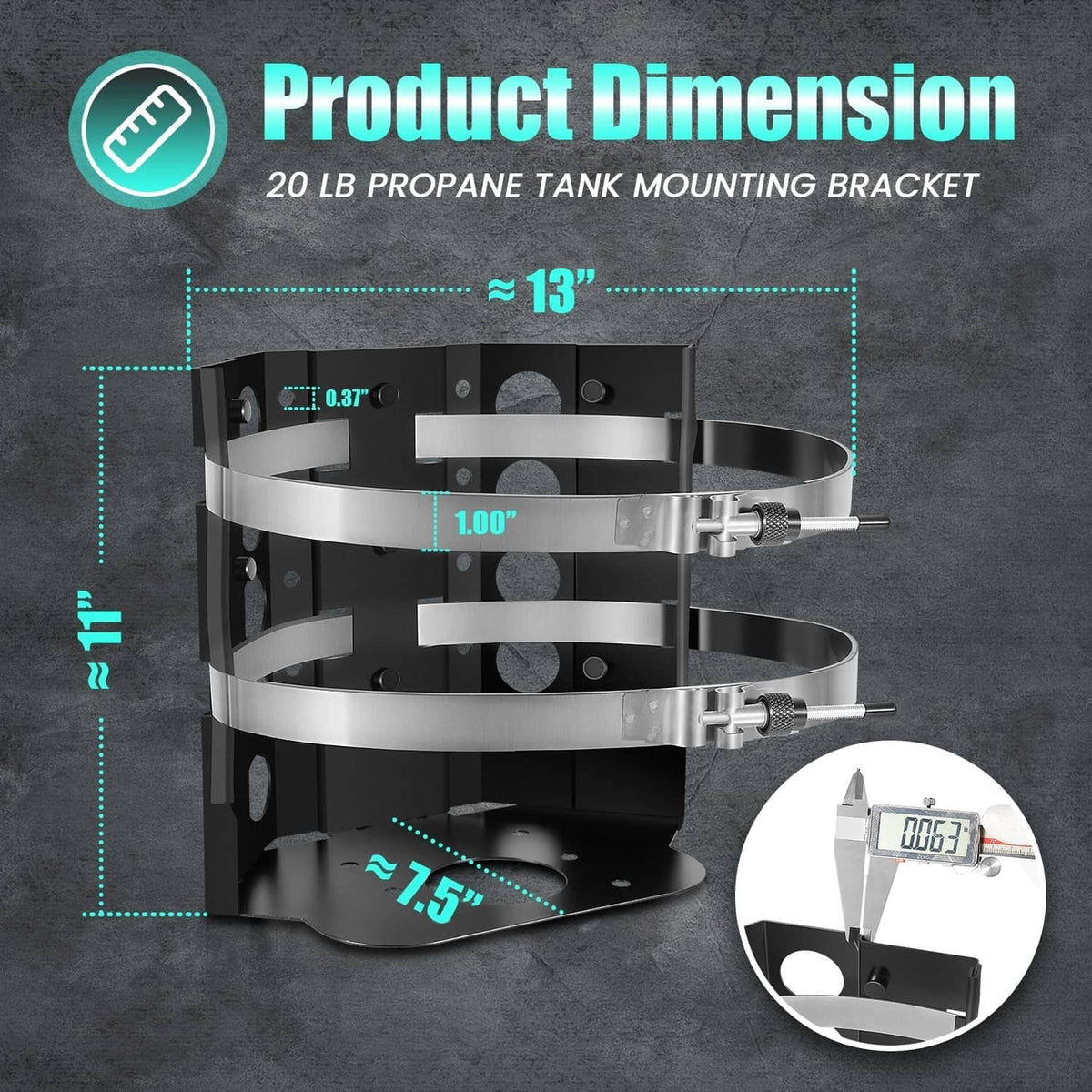 20 lb propane tank mounting bracket with adjustable clamp rings and base platform.