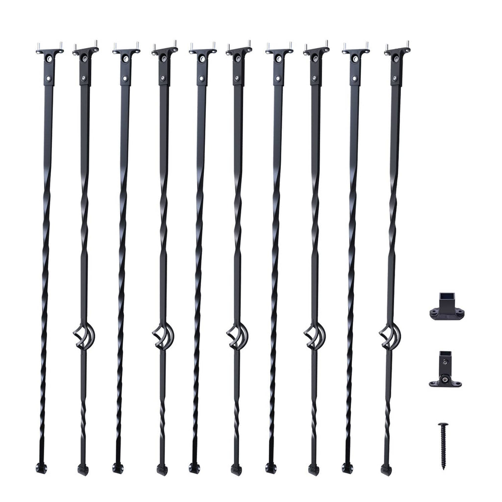 Set of 10 black twist deck balusters with decorative basket rings and mounting screws