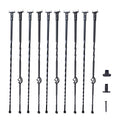 Set of 10 black twist deck balusters with decorative basket rings and mounting screws