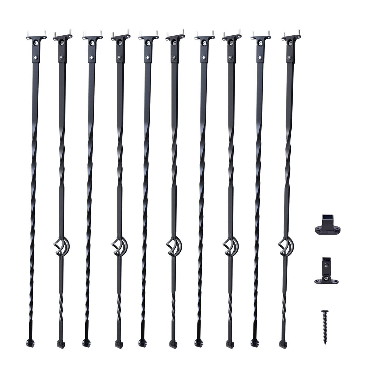 Set of 10 black twist deck balusters with decorative basket rings and mounting screws