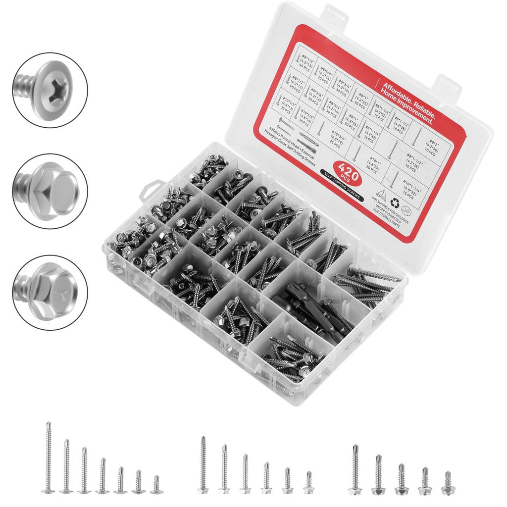 Self-drilling screw assortment in clear case, mixed sizes with hex and Phillips heads