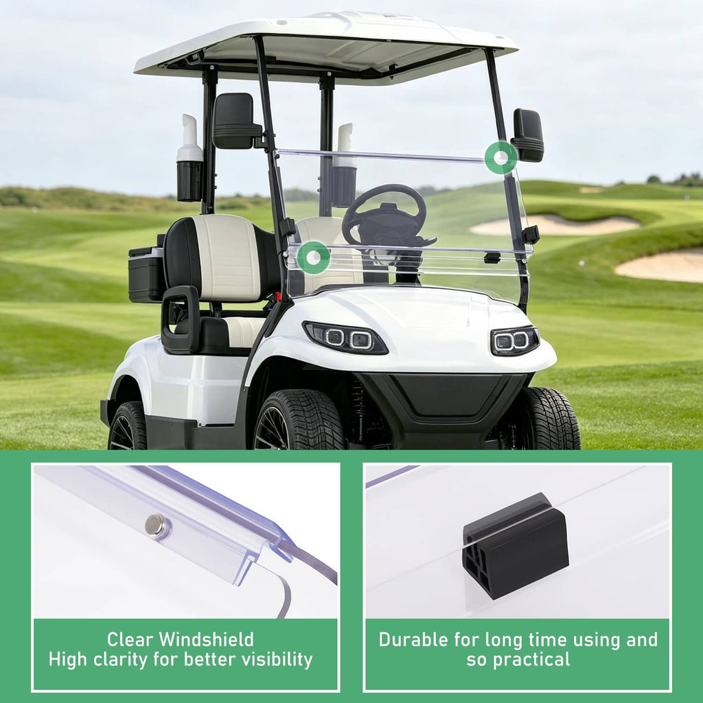 Clear folding windshield windscreen installed on a golf cart, front view