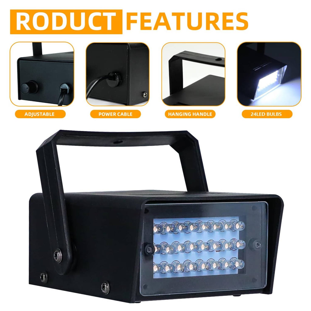 Black mini LED strobe light front view showing LED bulb array behind lens