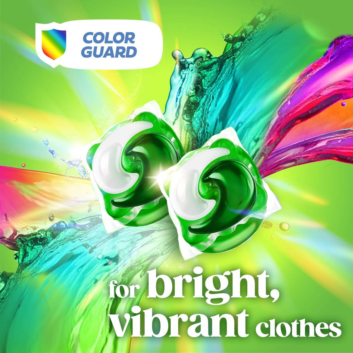 Color Guard detergent pods and green-and-white swirl pods graphic