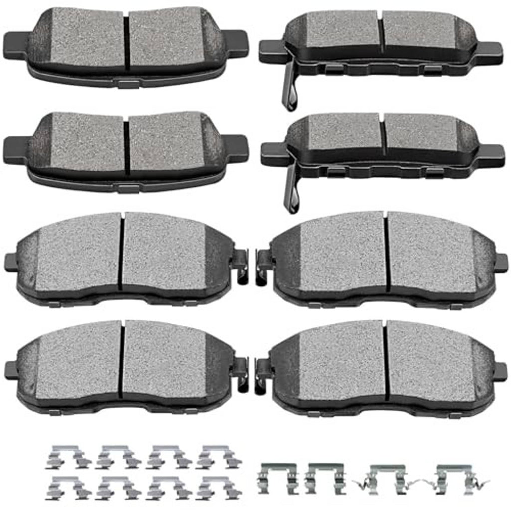 Ceramic brake pads set showing front and rear pad shapes, gray friction material (8 pcs)