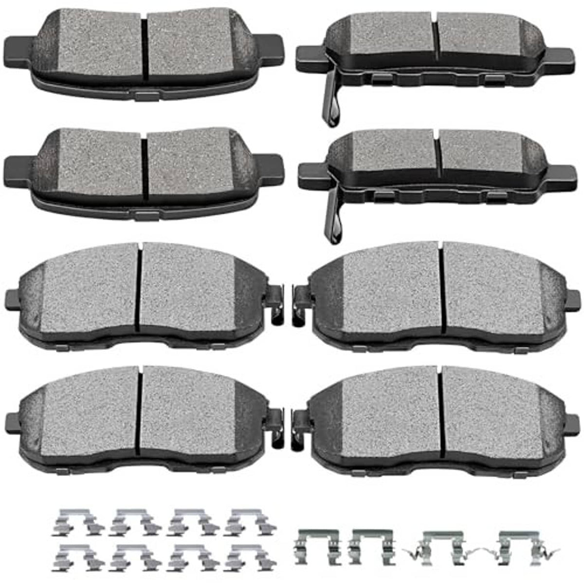 Ceramic brake pads set showing front and rear pad shapes, gray friction material (8 pcs)