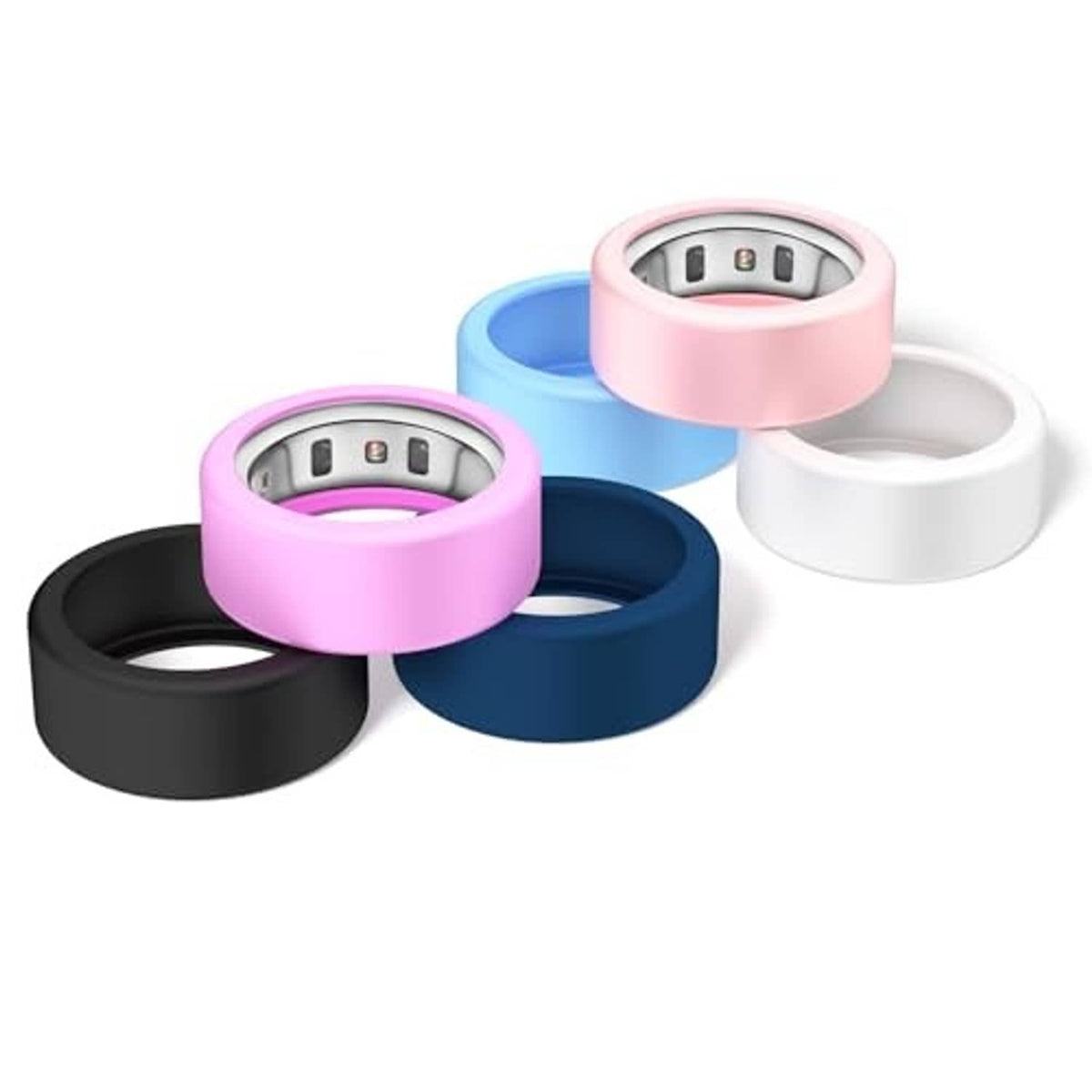 Six silicone smart ring covers showing inner sensor window in black, pink, navy, and white