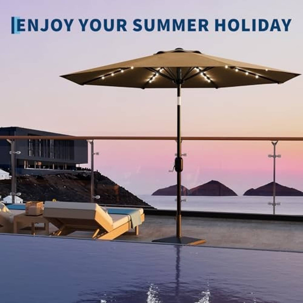 Tan patio umbrella with solar LED lights over outdoor seating by a poolside area