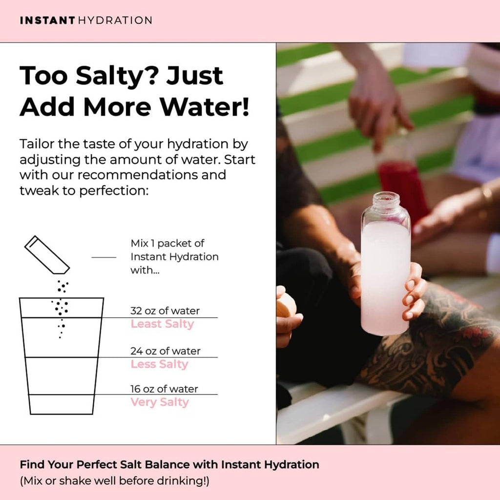 Instant Hydration watermelon electrolyte drink mix with water dilution guide graphics