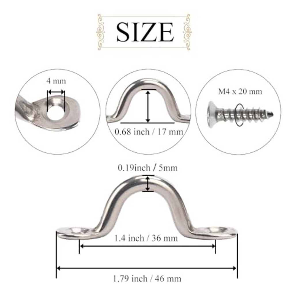 Stainless steel pad eye and screw size diagram with dimensions in inches and mm
