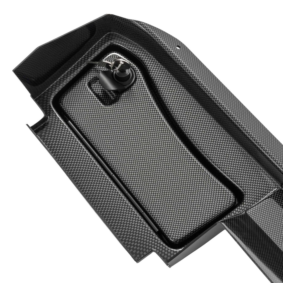 Carbon fiber style dash board cover with rectangular insert and key lock cylinder