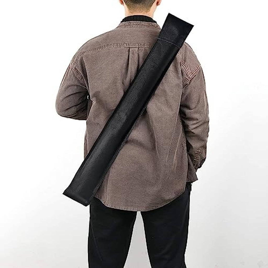 Black cue stick case carried by a person on the back, long sleeve design.