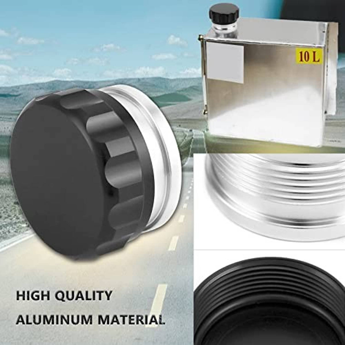 Black filler neck cap with polished silver ring and threaded opening, beside metal tank