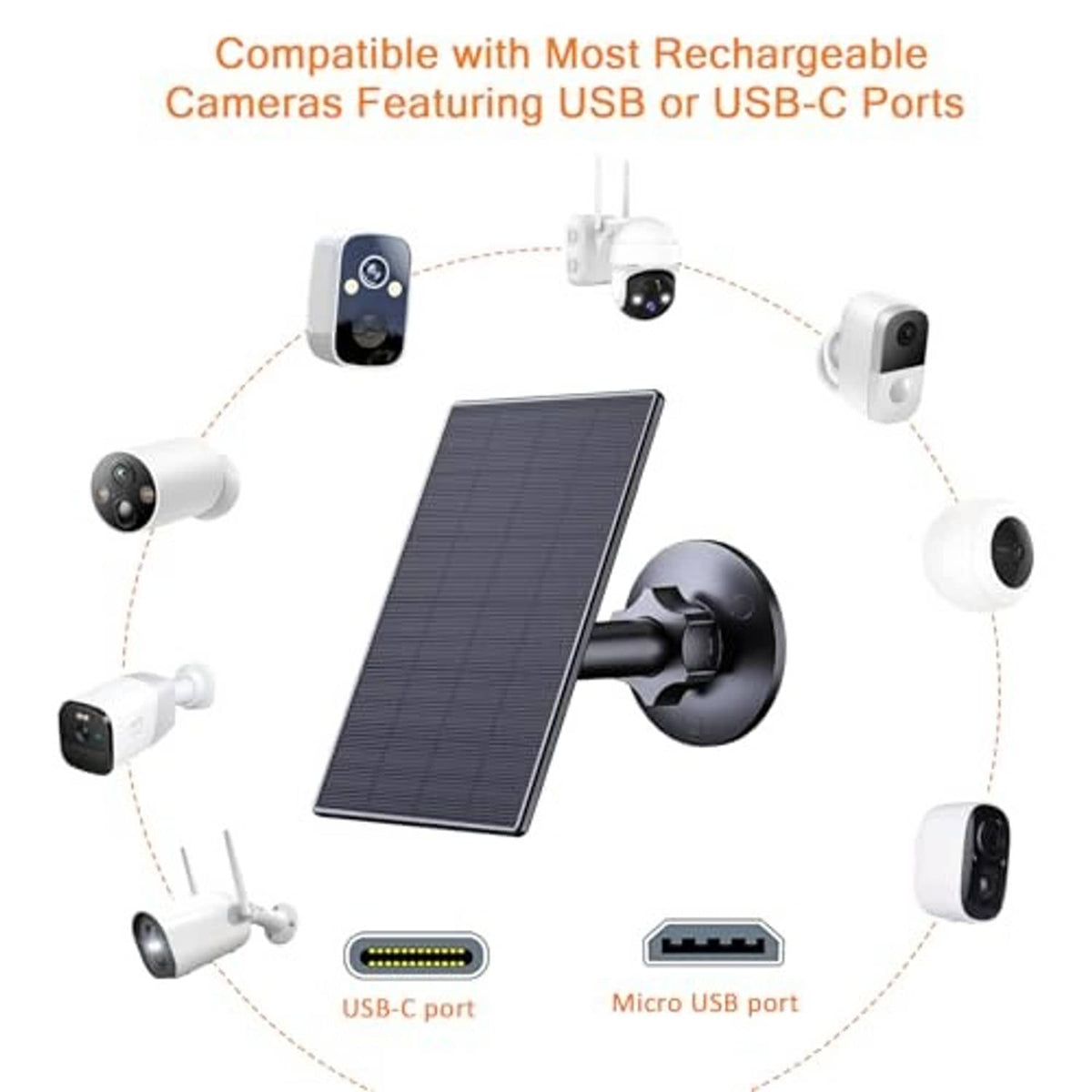 Black solar panel charger with Micro USB cable and connector ports for cameras