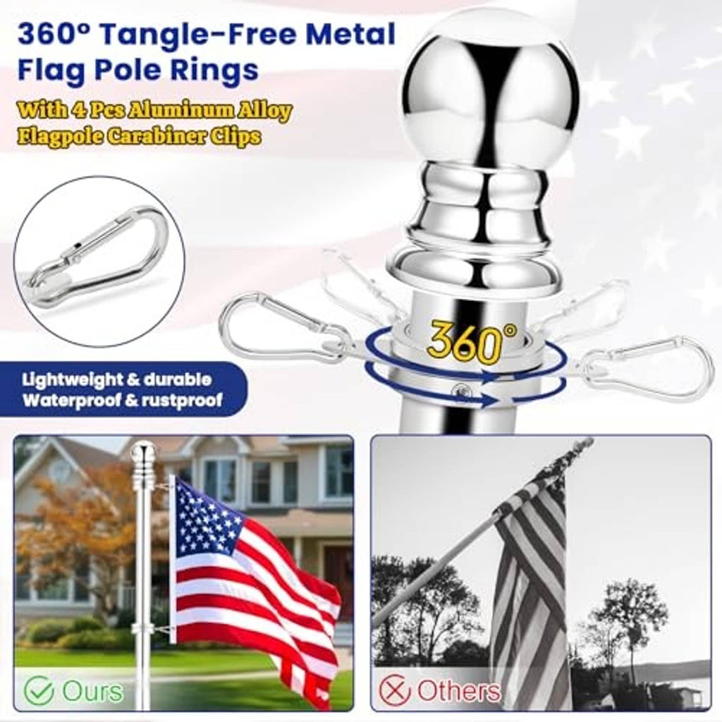 360-degree tangle-free flagpole rings with clips and shiny ball finial top