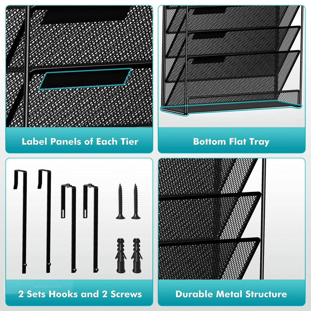 Wall file organizer with label panels on each tier and flat bottom tray