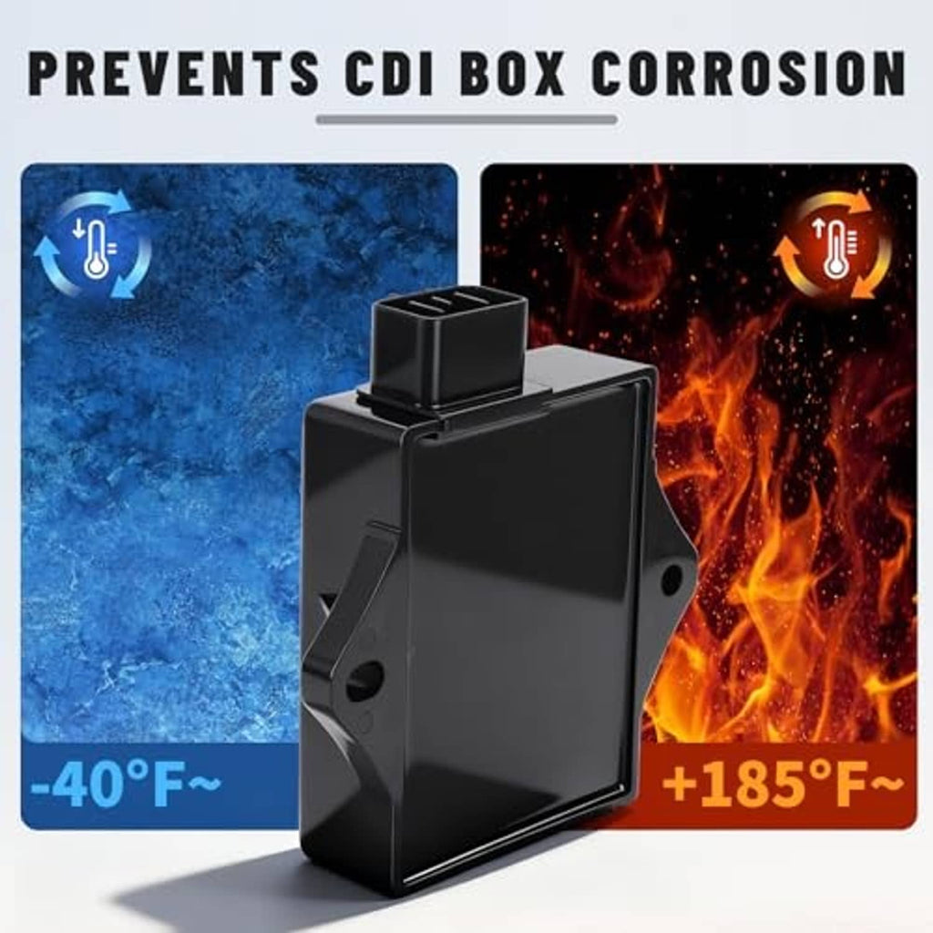 Black ignition CDI module housing with top connector, shown with heat graphic