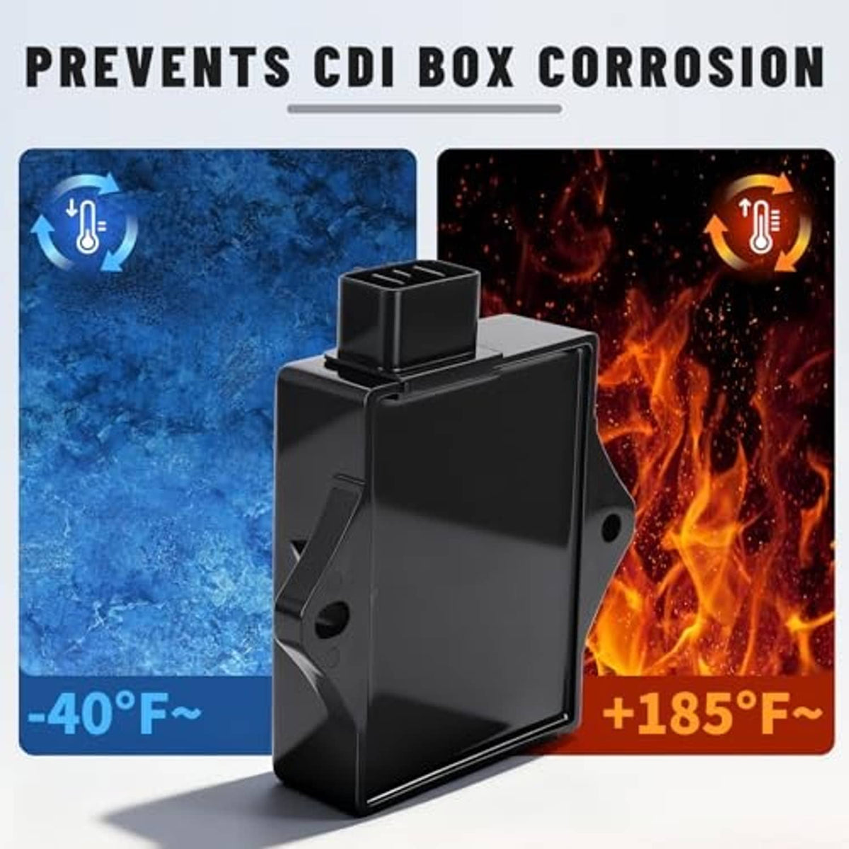 Black ignition CDI module housing with top connector, shown with heat graphic
