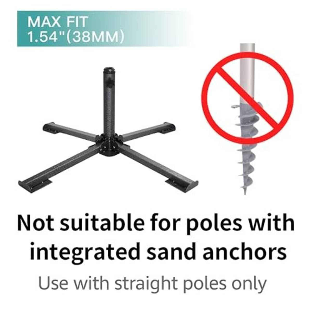 Black umbrella stand base with central pole and cross arms, water-weight bag shown