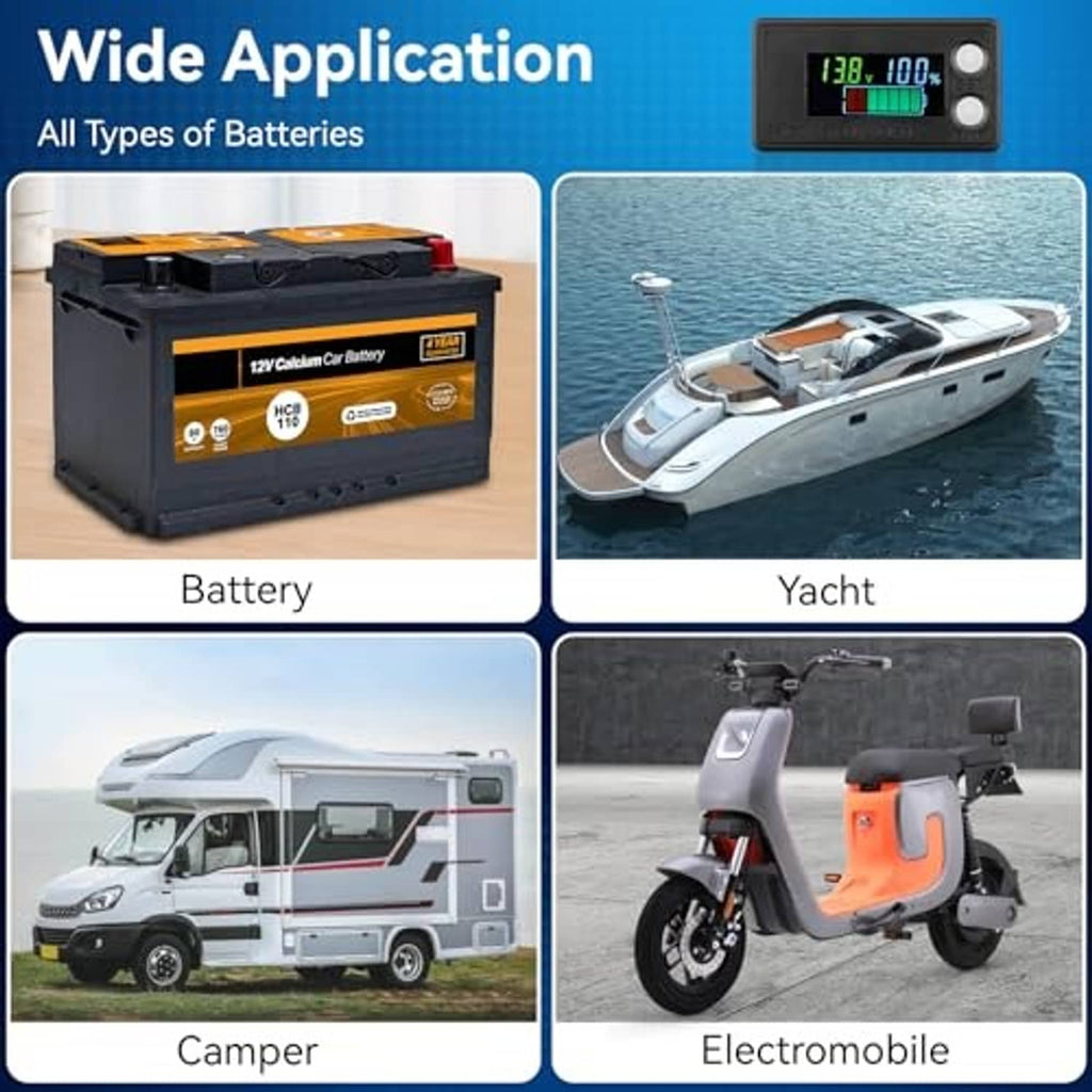 Battery monitor with LCD displaying 13.8V and 100% for battery applications