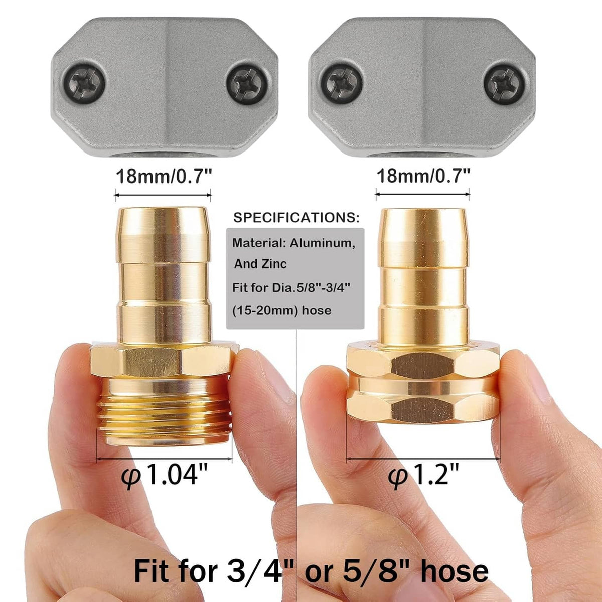 Garden hose mender fitting with brass ends and aluminum zinc body for 3/4 or 5/8 hose