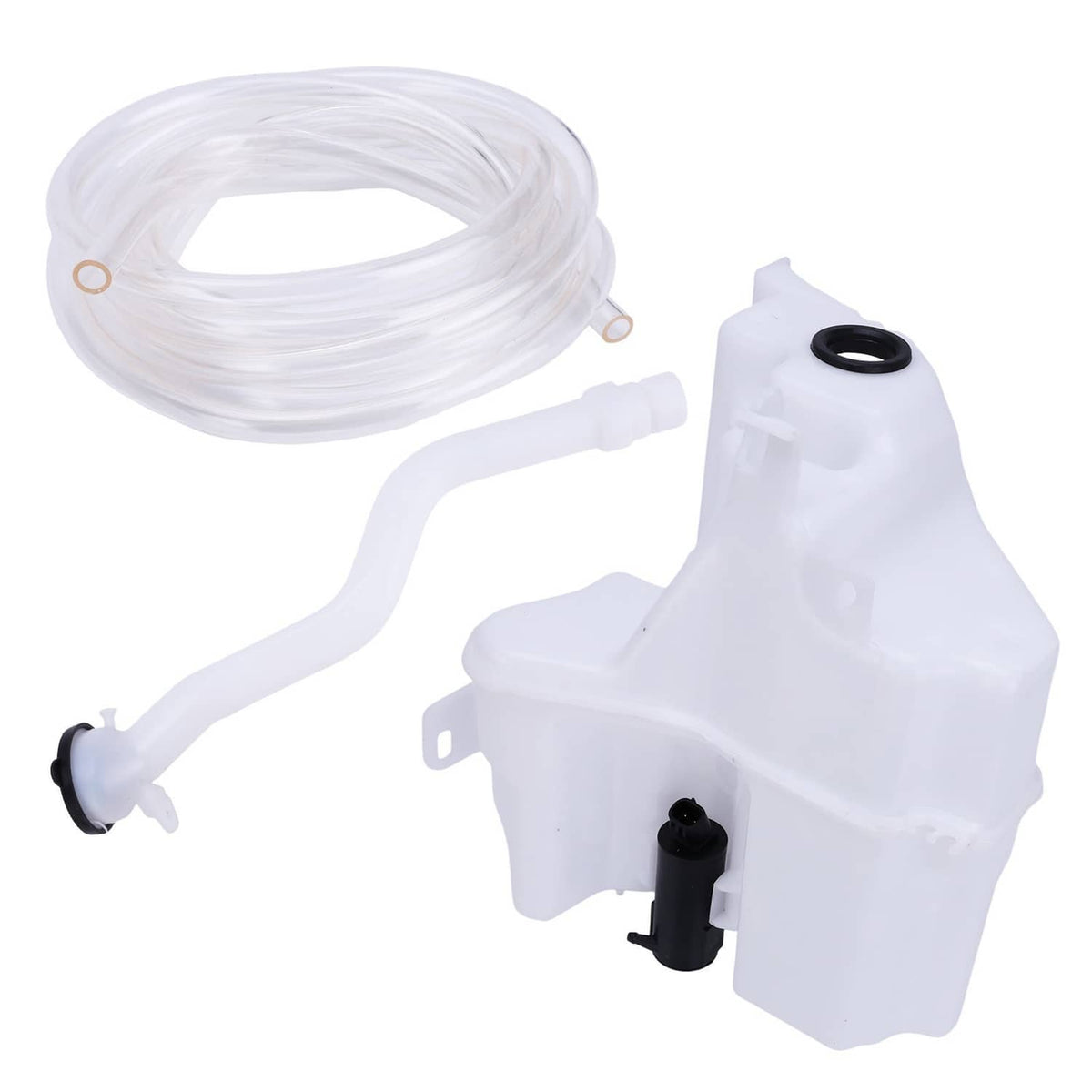 Washer reservoir expansion tank with clear tube, white hose, and black cap