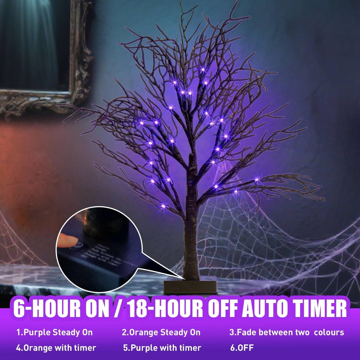 Lighted Halloween decorative tree with purple LED lights, black trunk on square base