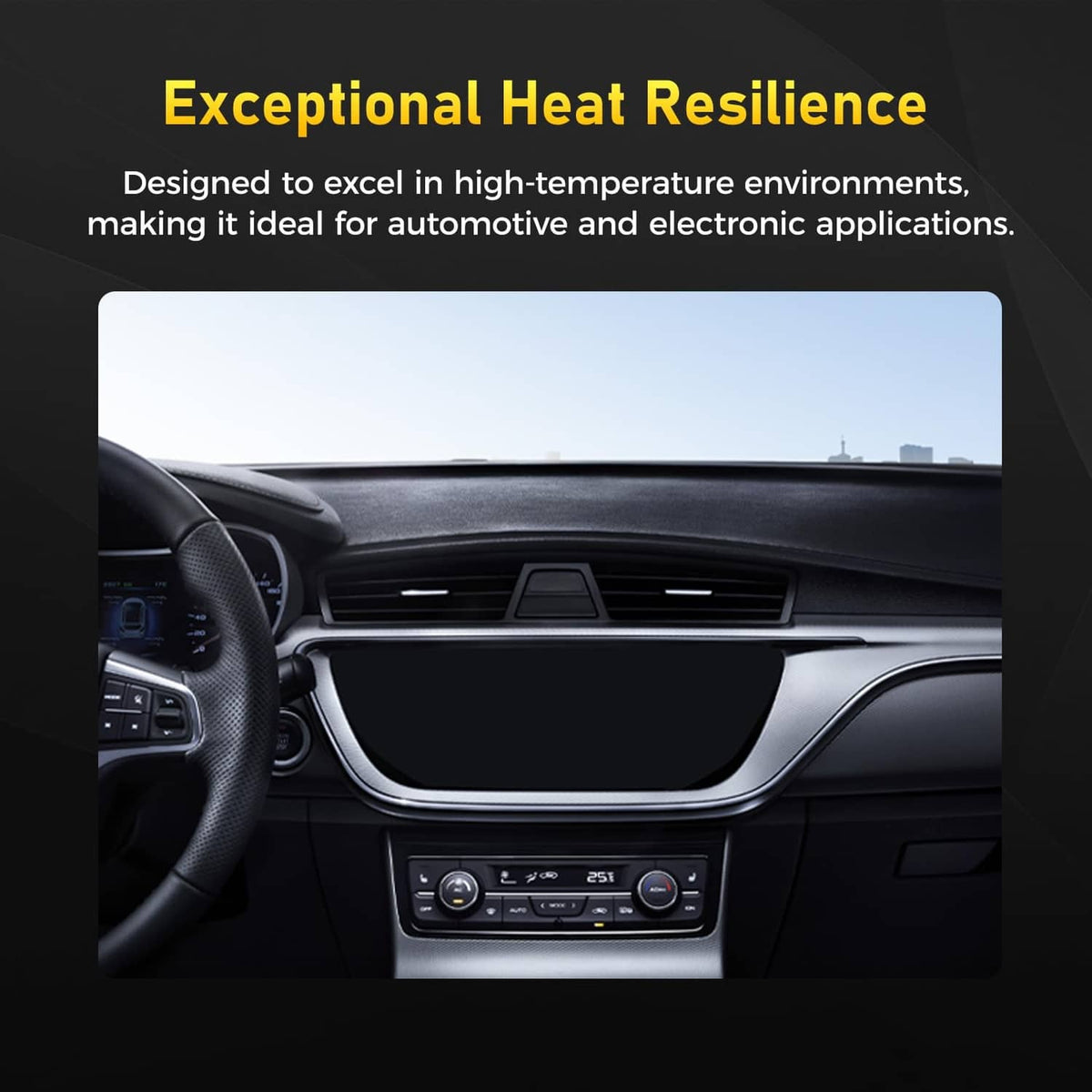 Car dashboard and steering wheel interior view indicating heat-ready use