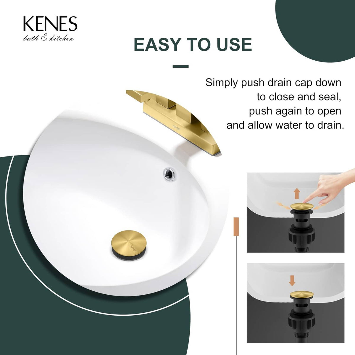 Pop-up bathroom sink drain with brushed gold cap and push-to-close mechanism