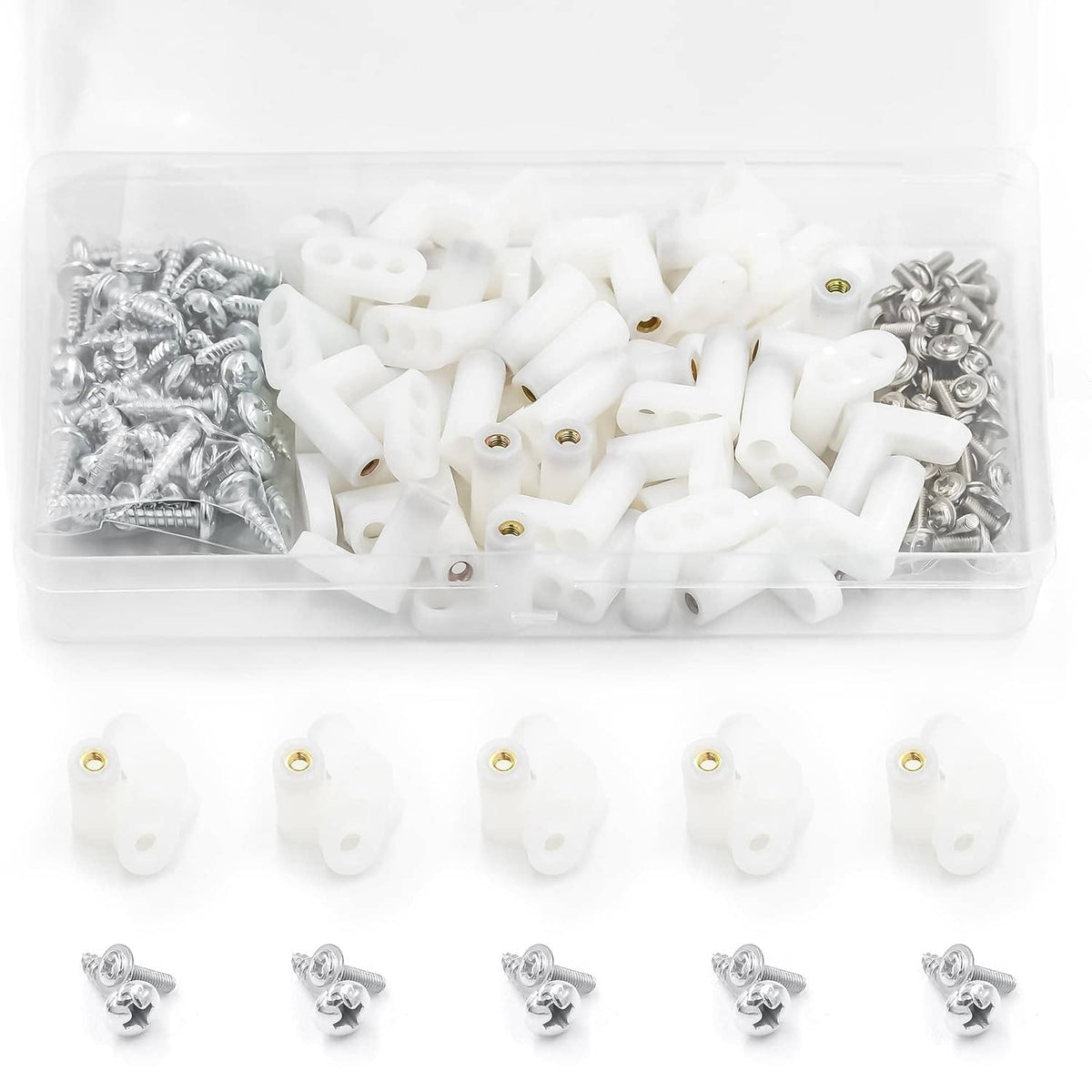 Circuit board standoff and screw set, white plastic posts with brass inserts