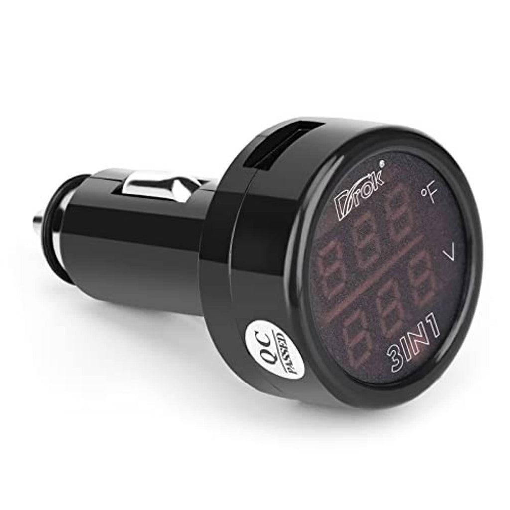 Black 3-in-1 car charger with round screen, CE mark, and USB charging port